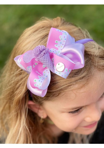 Lüks Tasarım Şeker Ponpon Dondurmalı Fiyonk Taç Toka Seti Lila Mor