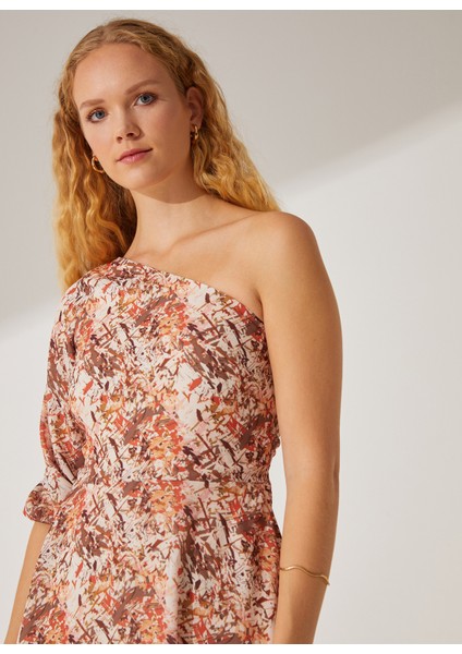 Tek Omuz Yaka Desenli Çok Renkli Mini Kadın Elbise Cape modelleri