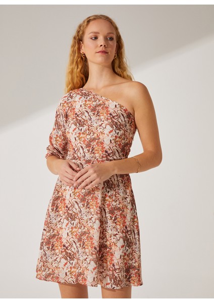 Tek Omuz Yaka Desenli Çok Renkli Mini Kadın Elbise Cape fiyatları