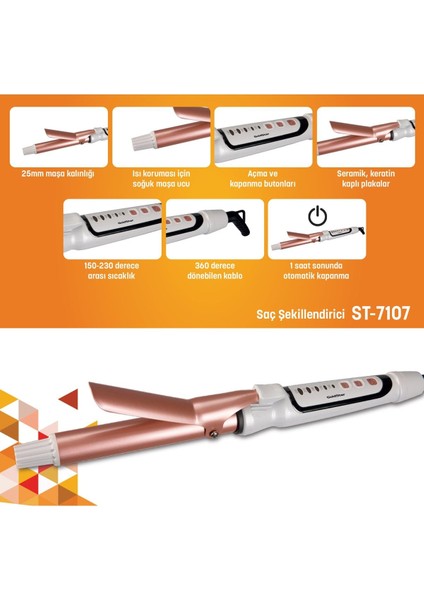 ST7107 Turmalin Seramik Plakalı Saç Şekillendirici Maşa