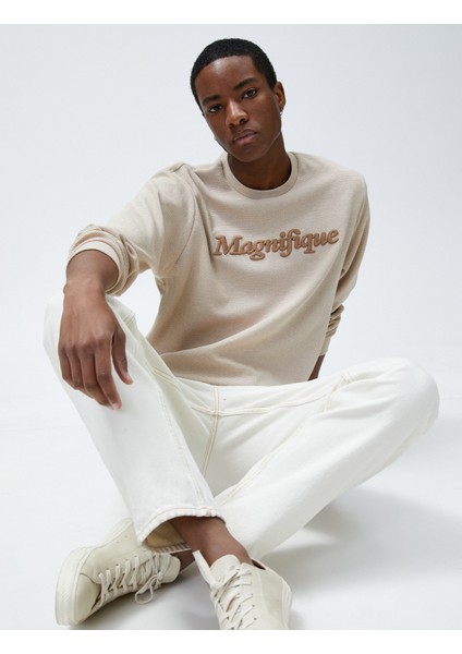 Yazı Baskılı Sweatshirt Bisiklet Yaka