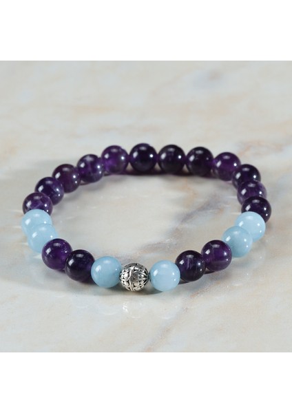 Sertifikalı Doğal Taş Kadın Erkek Bileklik Ametist ve Akuamarin ve 925 ayar Gümüş 8mm Bileklik modelleri