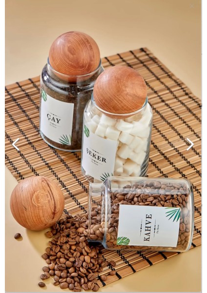 3'lü Ahşap Top Kapaklı 800 ml Çay & Şeker & Kahve Kavanozu Saklama Kabı