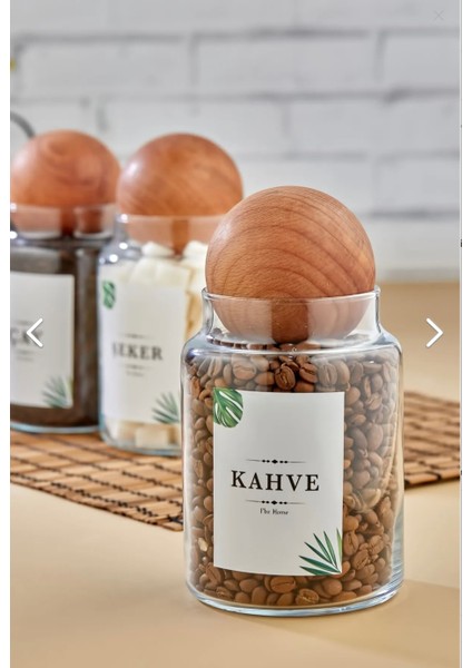3'lü Ahşap Top Kapaklı 800 ml Çay & Şeker & Kahve Kavanozu Saklama Kabı