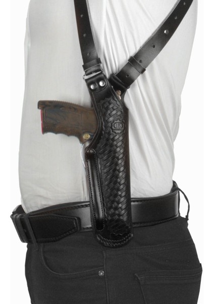 Dik Desenli Deri Koltuk Altı Tabanca Kılıfı Çift Şarjörlüklü Siyah-Universal fırsatları