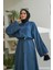 6596-DÜĞMELI Süs Kuşaklı Abaya Koyu Mavi 3