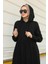 6531-KREP Kapşonlu Reglan Kollu Elbise Siyah 3
