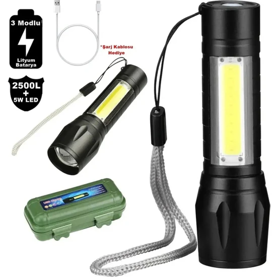 Mini El Feneri Flaşörlü Şarjlı Polis El Feneri 3 Fonksiyonlu Zoomlu Yan LED 3W Çakarlı Kutulu