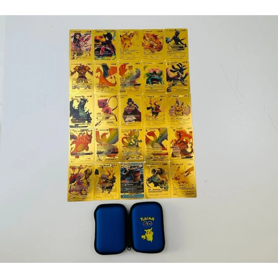 Abetto Market Pokemon Gold Oyun Kartı Özel Seri 25 Adet Gold Kart ve Pokemon Kart Çantası