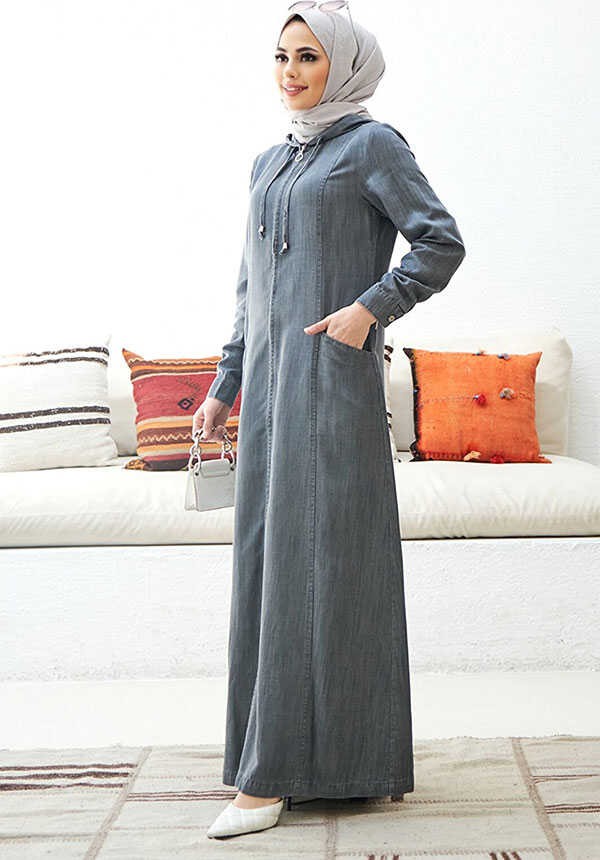 Neways 6463-KAPŞONLU Denim Ferace Gri görsel 2