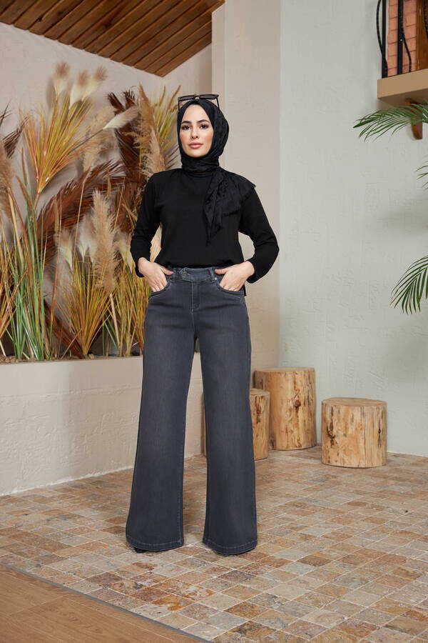 Neways Koyu Gri Denim Paça Pantolon Kadın 46 Beden Şık ve Rahat Tasarım