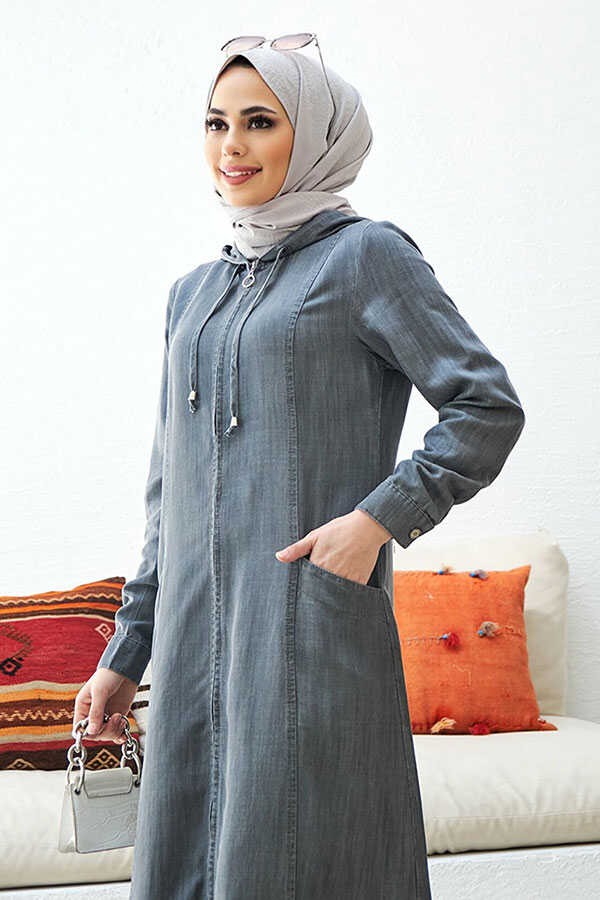 Neways 6463-KAPŞONLU Denim Ferace Gri görsel 3