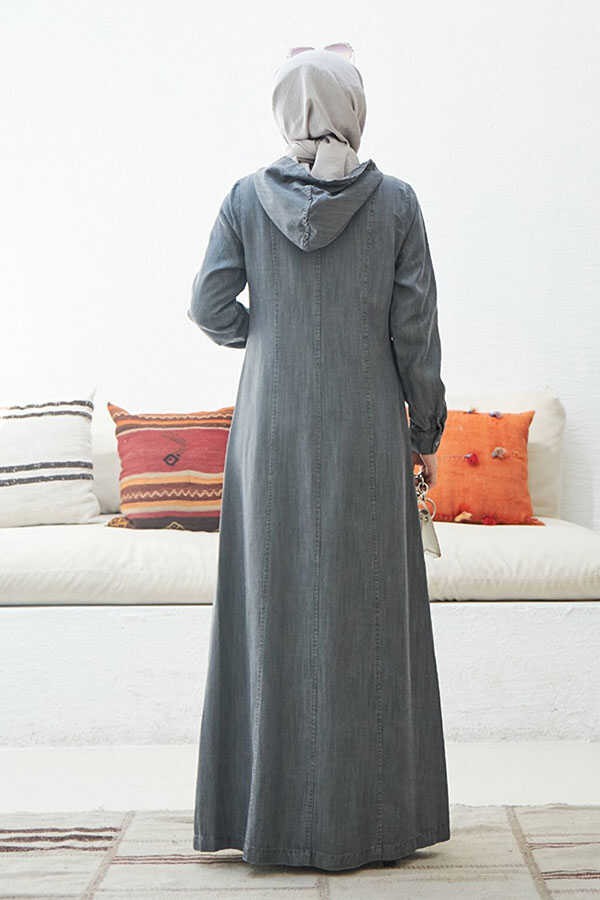 Neways 6463-KAPŞONLU Denim Ferace Gri görsel 4