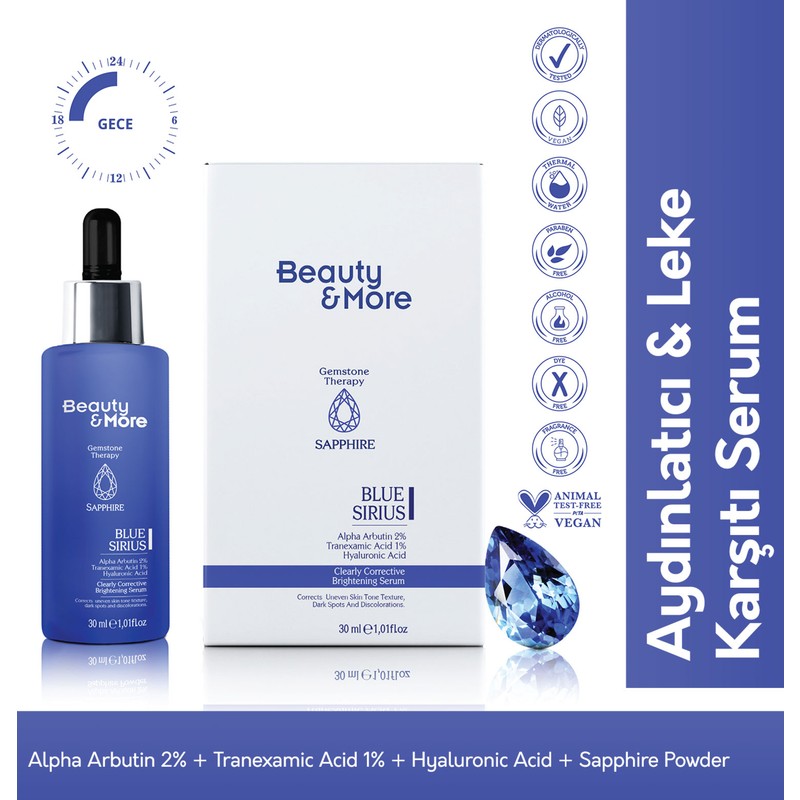 Beauty&More Safir Blue Sirius Aydınlatıcı & Leke Karşıtı Serum 30 ml Alpha Arbutin 2% + Tranexamic Acid 1% + Hyaluronic Acid + Safir Powder