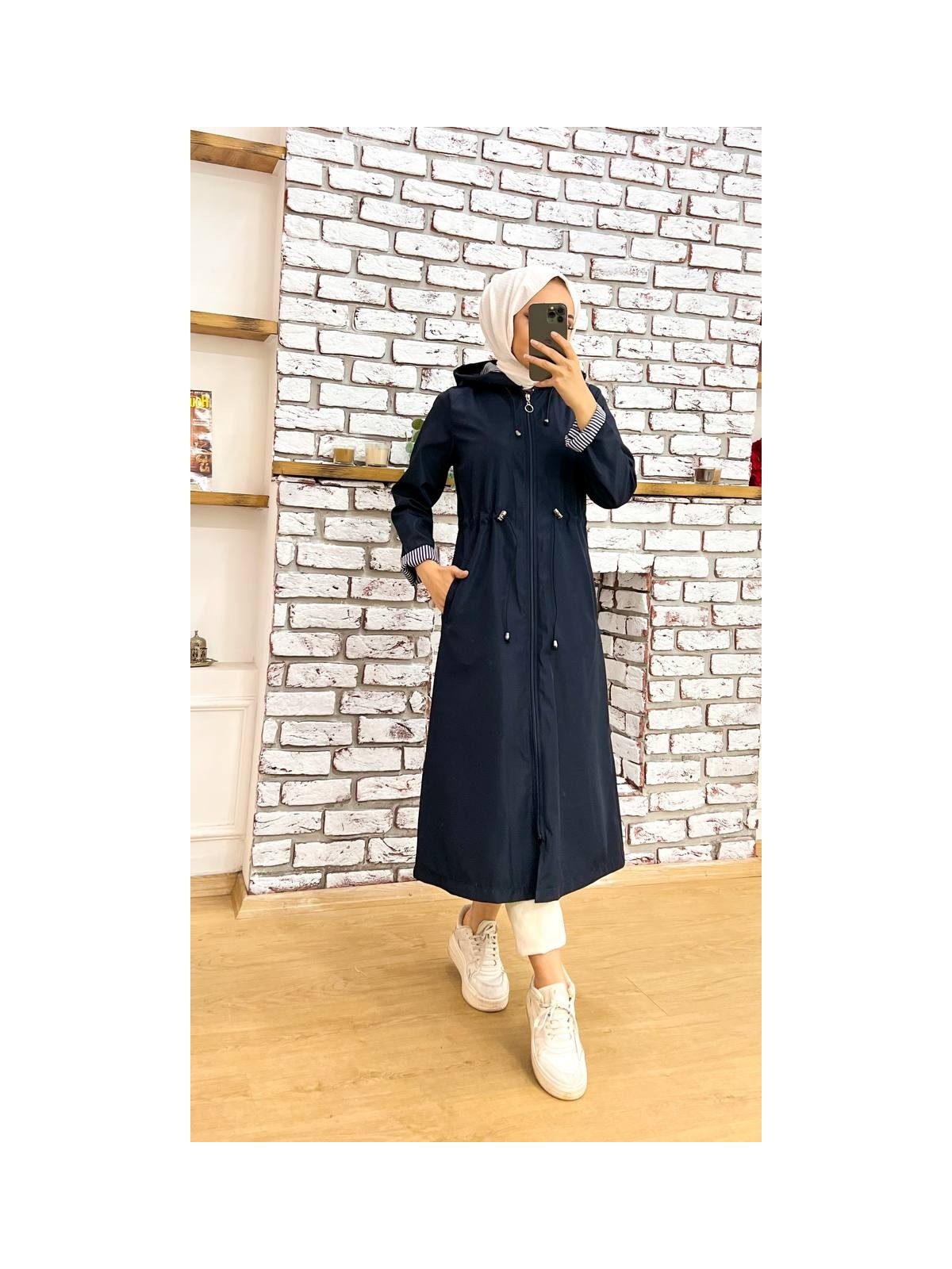 Marjinal City Lacivert Içi Çizgili ve Kendinden Astarlı Su Geçirmez Kadın Trençkot