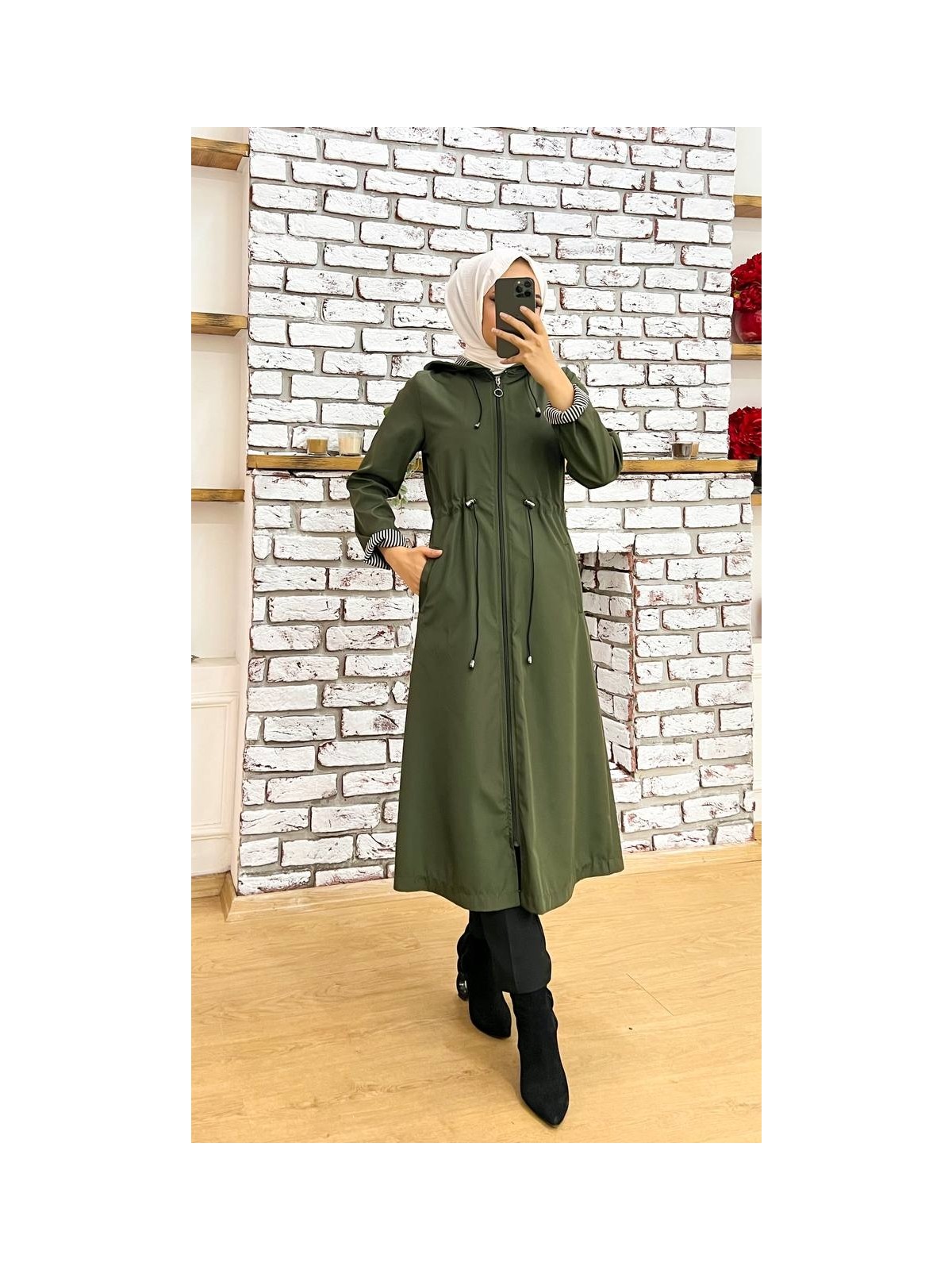 Marjinal City Haki Içi Çizgili ve Kendinden Astarlı Su Geçirmez Kadın Trençkot