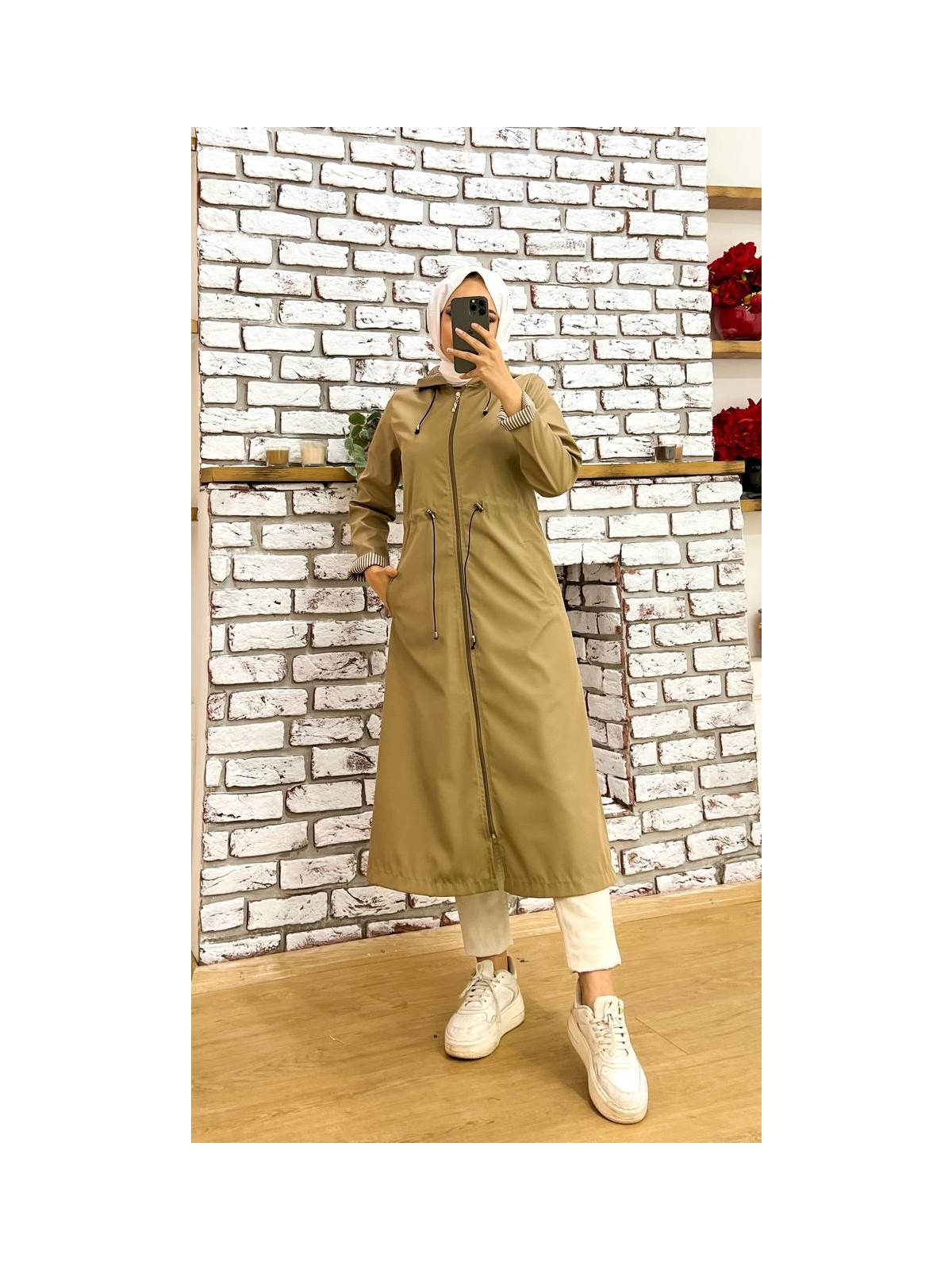 Marjinal City Bej Içi Çizgili ve Kendinden Astarlı Su Geçirmez Kadın Trençkot