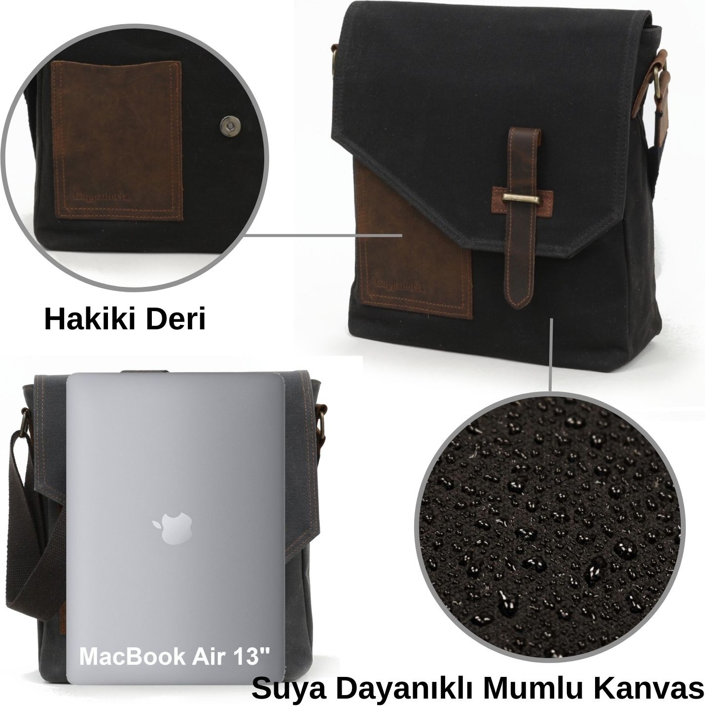 Cappadocia Vintage Cappadocia Hakiki Deri Suya Dayanıklı Koyu Siyah Postacı Omuz Çantası Mumlu Kanvas Laptop Çantası görsel 4