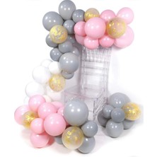Eğlence Marketi Pastel Gri Beyaz Pembe ve Şeffaf Gold Konfetili Balon Zinciri 100 Adet