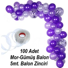 Eğlence Marketi 100 Adet Metalik Balon ve 5 Metre Balon Zinciri (Mor - Gümüş Karışık ) Uçan Balon