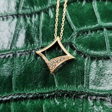 Fasek Gold Gümüş Kolye - Karo Tasarım Taşlı 925 Ayar Gümüş Kolye-Geometrik Modern Tasarımlı Hediye Gümüş Kolye