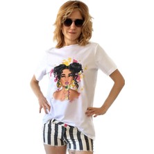 Hescaa Baskılı, Beyaz, Bol Kesimli, Bisiklet Yaka ve Pamuklu Basic  T-Shirt - Summer Girl Baskılı Tişört