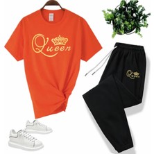 Amor Man Özel Tasarım Bisiklet Yaka Queen Baskılı %100 Pamuk Kısa Kollu Yazlık Kadın Eşofman Takımı