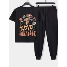 Amor Man Büyük Beden Özel Tasarım Love Yourself Sırt Baskılı %100 Pamuk Kısa Kollu Yazlık Kadın Eşofman Takımı
