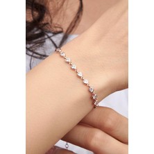 TMT Silver Gümüş Rose Kalpli Beyaz Zirkon Taşlı Sıralı Su Yolu Bileklik