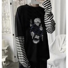 Touz Moda Jujutsu Kaisen Blade Baskılı Fake Sleeves Siyah T-Shirt