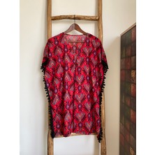 Stelo de Maro Ikat Desenli  Pamuk Kaftan/plaj Elbisesi Mercan (Standart Beden)