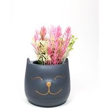 Kedicik Saksıda Yapay Çiçek Özel Tasarım Dekor 17 x 10 cm Renk 3
