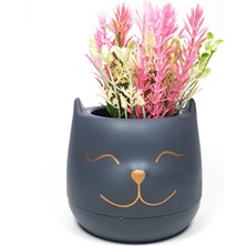 Kedicik Saksıda Yapay Çiçek Özel Tasarım Dekor 17 x 10 cm Renk 3