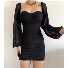 ZF Kadın Elbise Abiye Yandan Büzgülü Bodycon Siyah Tül Kolları ile Özel Olaylar İçin