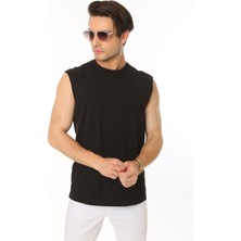 CHEISU Erkek Siyah Tank Sıfır Kol Pamuk T-Shirt