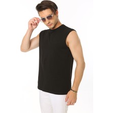 CHEISU Erkek Siyah Bisiklet Yaka Tank Sıfır Kol Atlet %100 Pamuk T-shirt