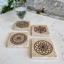 Unt Taş Bardak Altlığı Stone Coasters - 4 Lü Set Yaşam Çiçeği, Lotus, Sri Yantra, Metatron