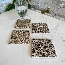 Unt Taş Bardak Altlığı Stone Coasters - 4 Lü Set Minimalist Siyah Çiçek Desen