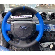 İskender Oto Aksesuar Direksyion Klıfı Ford Fiesta - Connect - 2003 - 2008 Mavi ve Bentley Mavi Şerit Mavi Dikiş Detay deri direksiyon