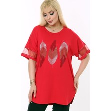 Kheos Yuvarlak Yaka Tül Şeritli Kısa Kol Yaprak Desen Taş Baskılı Rahat Likralı Esnek Büyük Beden Bluz