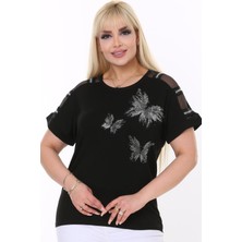 Kheos Yuvarlak Yaka Omzu Tül Şerit Kısa Kol Kelebek Desen Taş Baskılı Rahat Likralı Esnek Büyük Beden Bluz