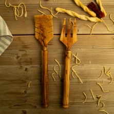 Wonder Woodies Doğal Ahşap 2'Li Makarna Ve Salata Kaşık Seti Zeytin Ağacı El Yapımı