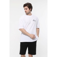 Defy's Erkek Kısa Kollu Baskılı Oversıze Kalıp Bisiklet Yaka Tişört Beyaz