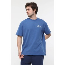 Defy's Erkek Kısa Kollu Baskılı Oversıze Kalıp Bisiklet Yaka Tişört Koyu Mavi