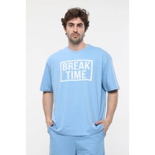 Defy's Erkek Baskılı Kısa Kollu Oversıze Kalıp Bisiklet Yaka Tişört Mavi