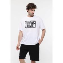 Defy's Erkek Baskılı Kısa Kollu Oversıze Kalıp Bisiklet Yaka Tişört Beyaz