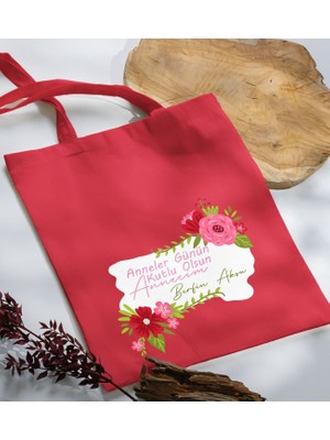 Bk Gift Kişiye Özel Isimli Anneler Günü Tasarımlı Kırmızı Kumaş Bez Çanta, Baskılı Omuz Çantası, Alışveriş Çantası, Anneler Günü Hediyesi, Anneye Hediye-6