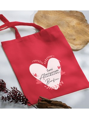 Bk Gift Kişiye Özel Isimli Anneler Günü Tasarımlı Kırmızı Kumaş Bez Çanta, Baskılı Omuz Çantası, Alışveriş Çantası, Anneler Günü Hediyesi, Anneye Hediye-10