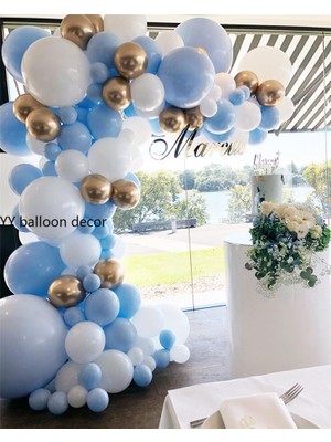 Eğlence Marketi Krom Gold Makaron Mavi ve Beyaz Balon Zinciri 100 Adet