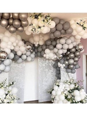 Eğlence Marketi Pastel Gri Metalik Gri Pastel Beyaz 100 Adet Balon ve Balon Zincir